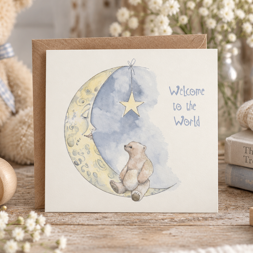 Teddy And Moon – Luxury New Baby Greeting Card with Kraft Envelope Included