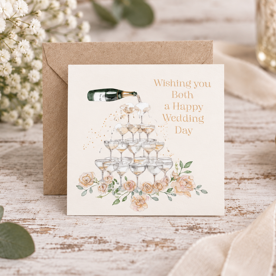 Wedding Champagne Fountain – Luxury Wedding Day Greeting Card with Kraft Envelope Included
