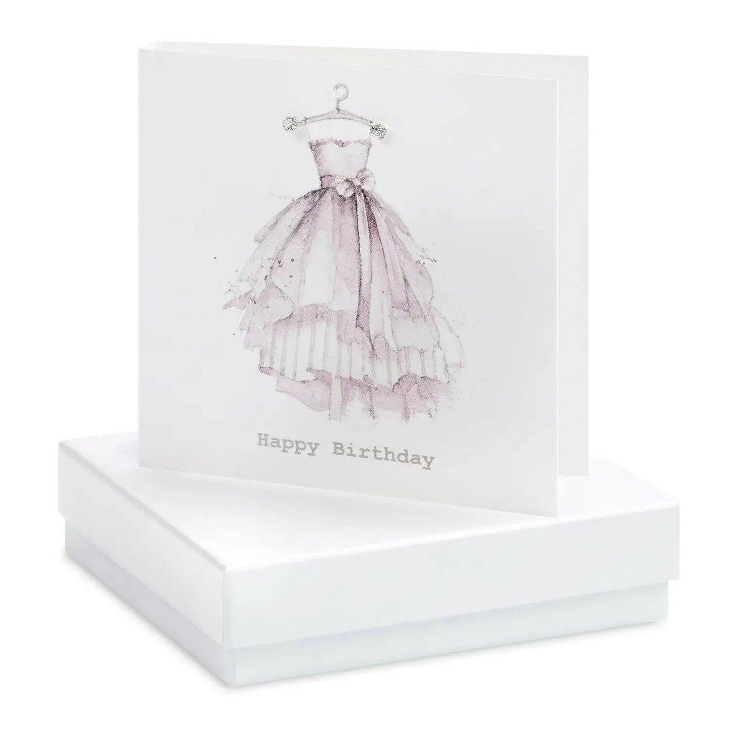 Handcrafted Happy Birthday card with an illustrated pink dress on a hanger, displayed on a white gift box.