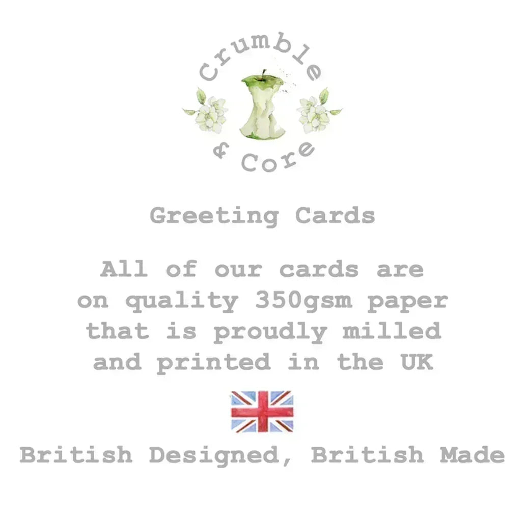 Crumble and Core greeting cards announcement with UK flag, emphasizing British made, quality paper.