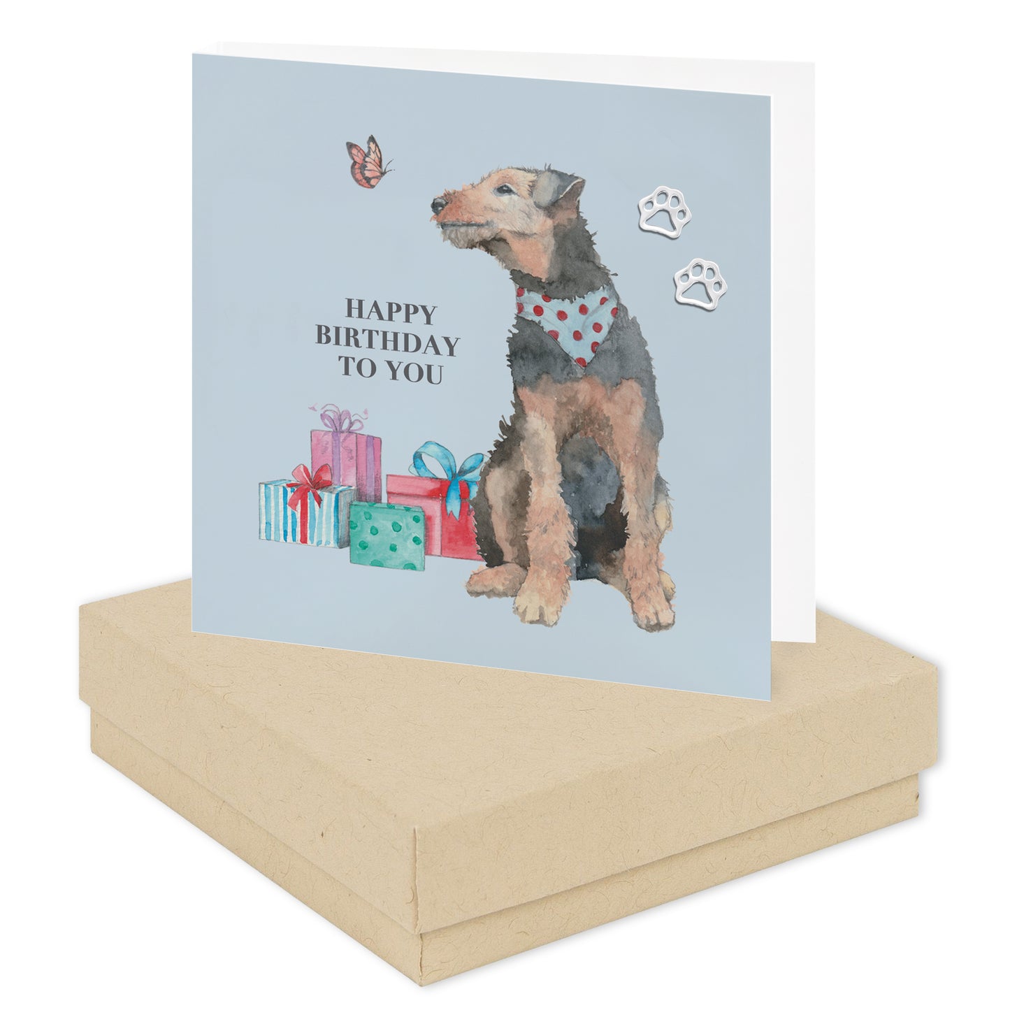 Biglietto con orecchino in argento con cane di buon compleanno in scatola