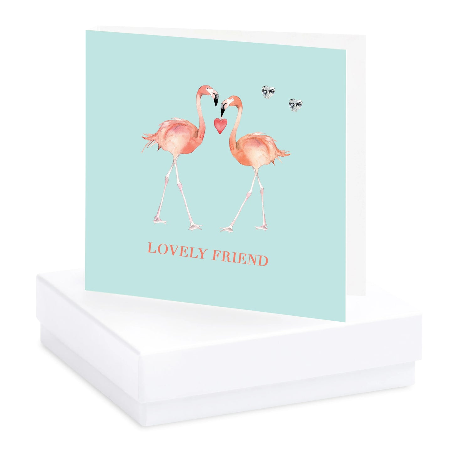 Greeting card with two flamingos, heart detail, and 'Lovely Friend' text on a white box.