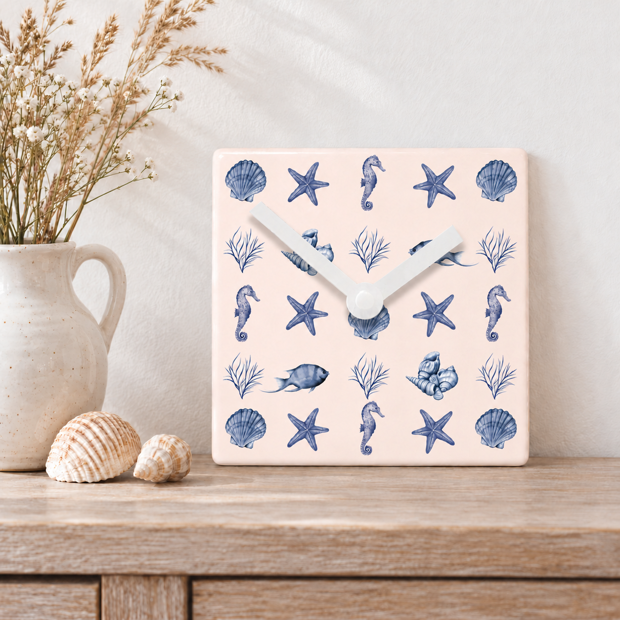 Inky Blue Ceramic Seaside Clock - Battery Operated Wall Clock