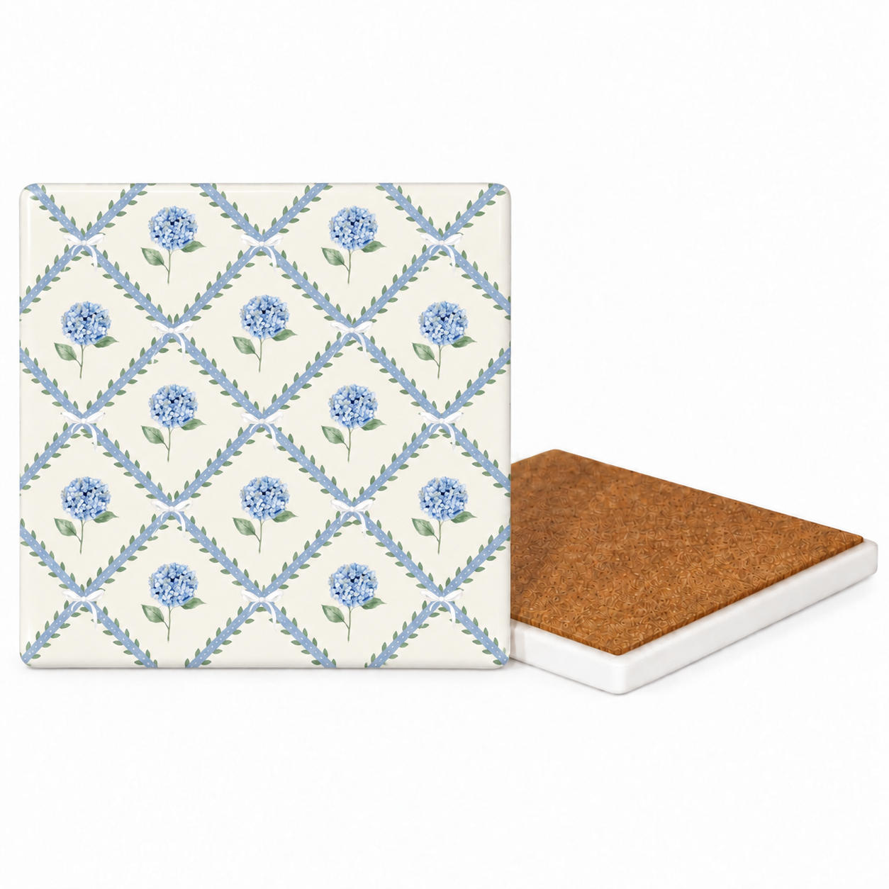 Blue Hydrangea Ceramic Coasters - Ribbon-Tied Set of Four