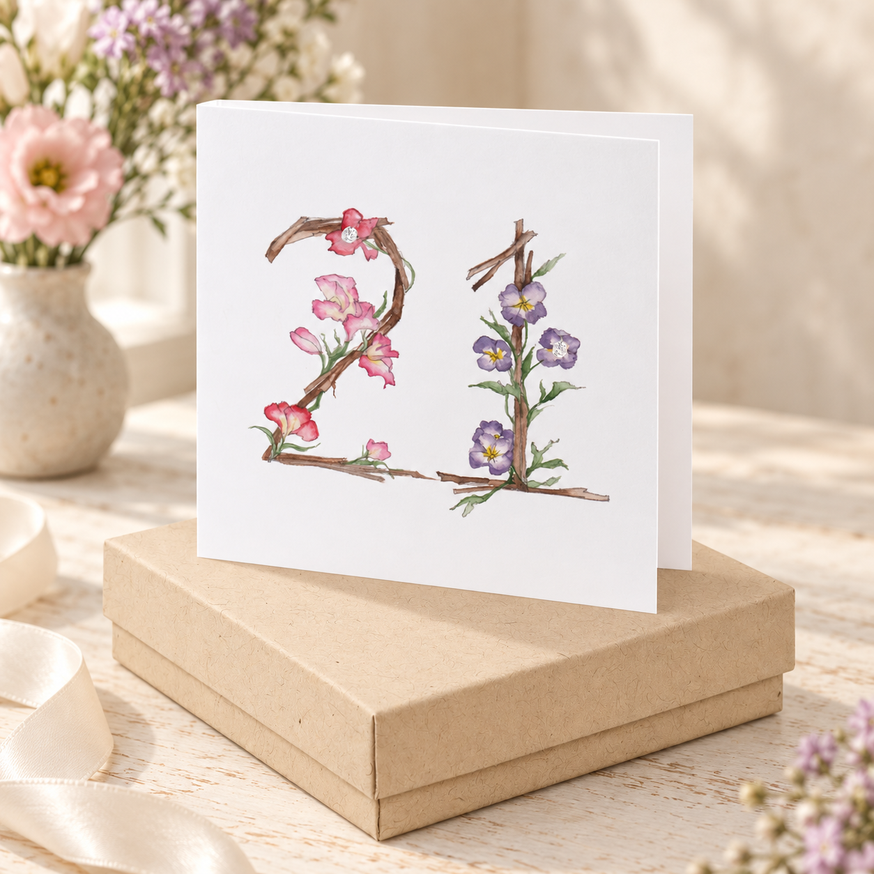 Tarjeta de pendiente número 21 floral en caja