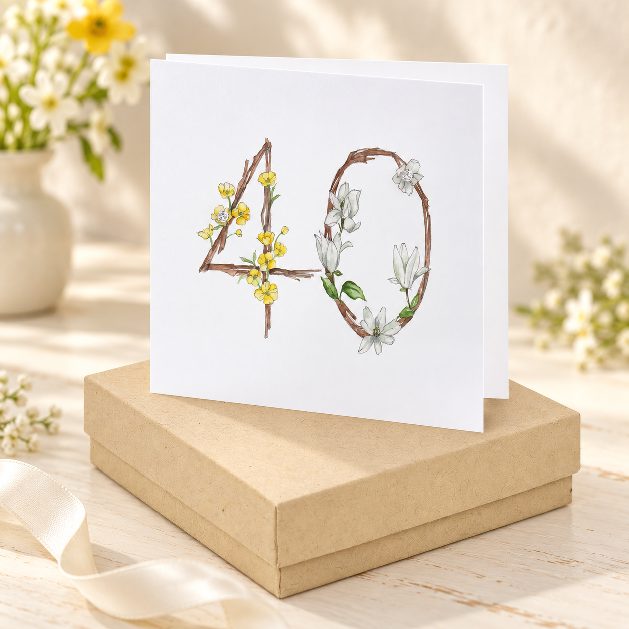 Tarjeta de pendiente número 40 floral en caja