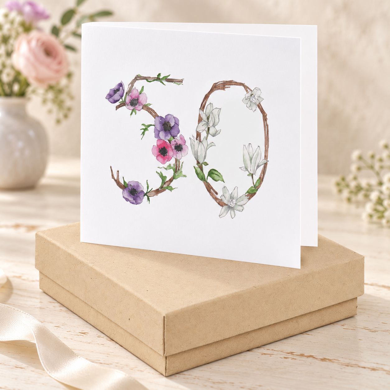Sterling Silver Stud Earrings – Elegant 50th Birthday Gift Set with Floral Card
