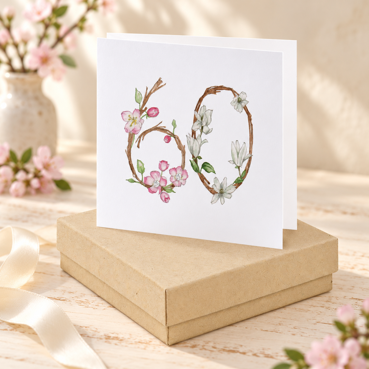 Sterling Silver Earrings – Floral Stud Earrings with Gift Box & 60th Birthday Card