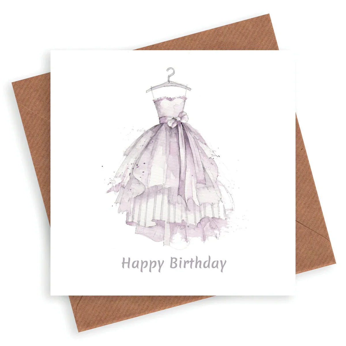 Handcrafted birthday card with watercolor lilac dress illustration and brown envelope