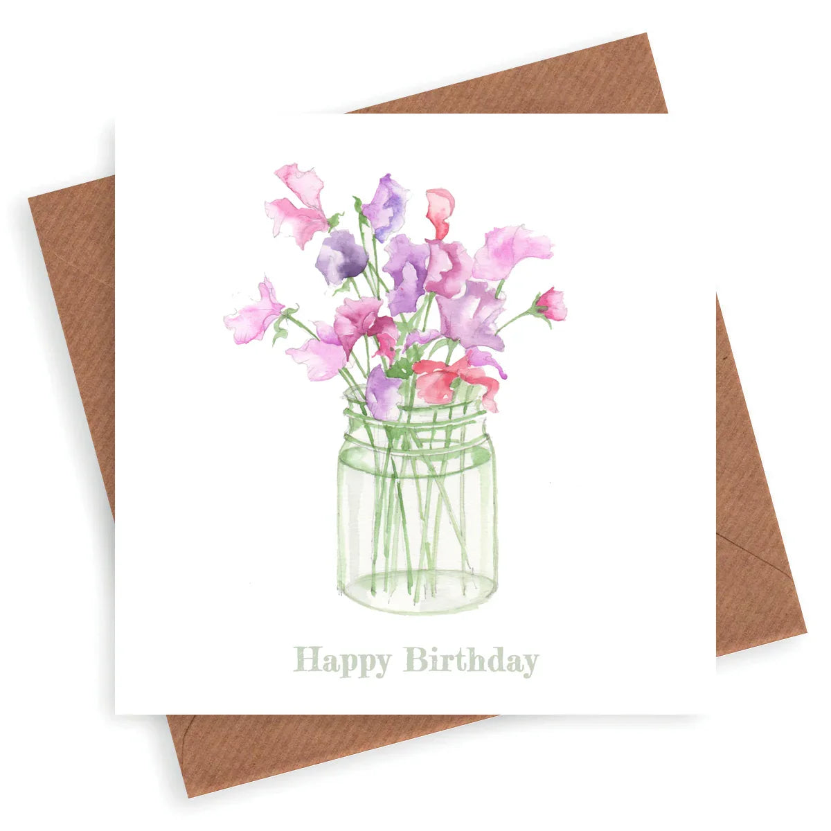 Handmade birthday card with watercolor sweet pea flowers in a jar and kraft envelope