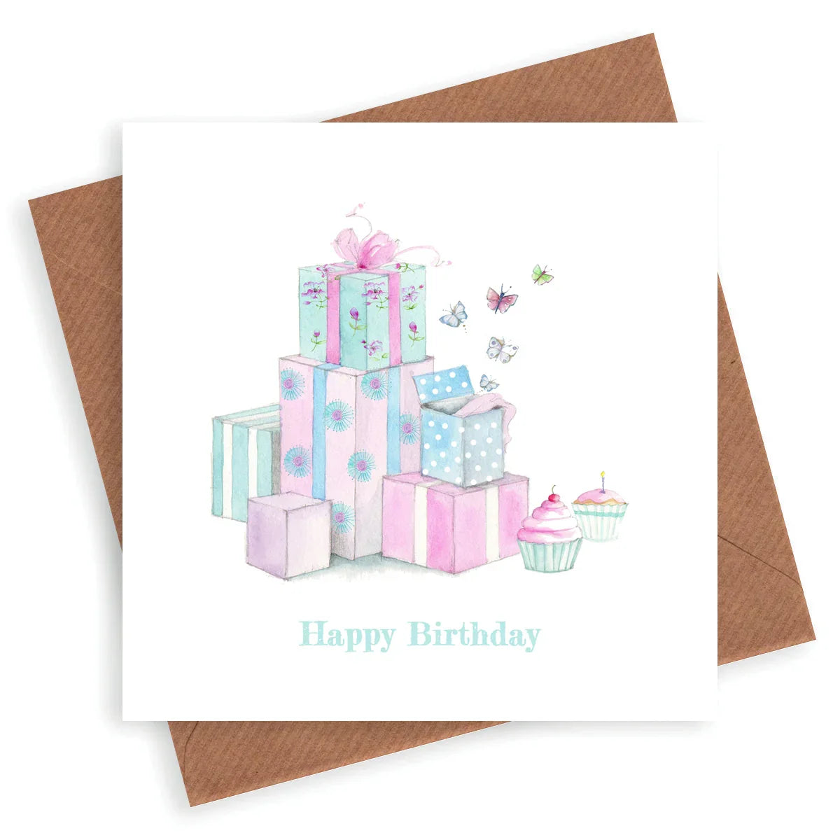 Handcrafted birthday card with pastel gift boxes, cupcakes, butterflies, and Happy Birthday text