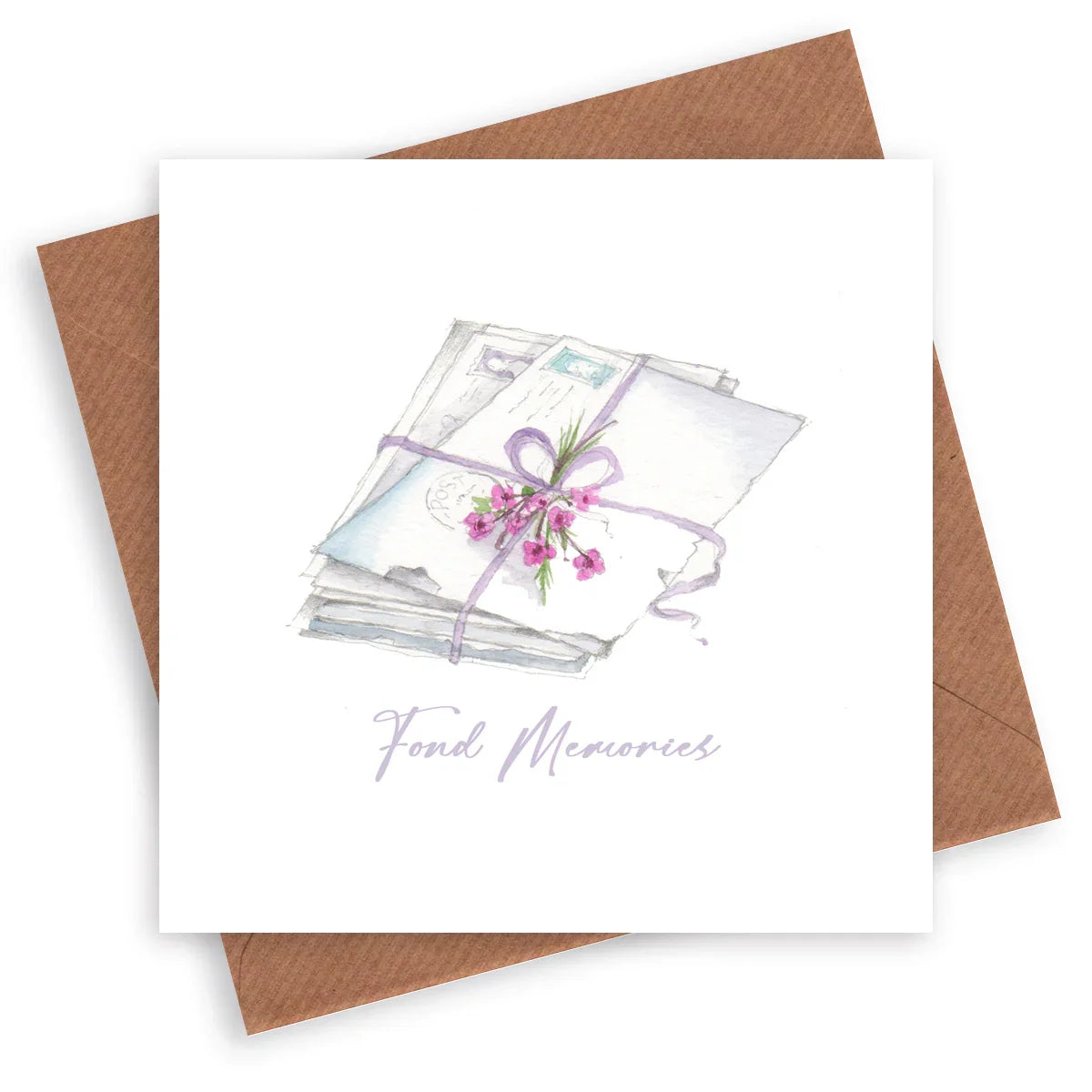 Greeting card with watercolor art of tied letters and flowers, captioned 'Fond Memories'.
