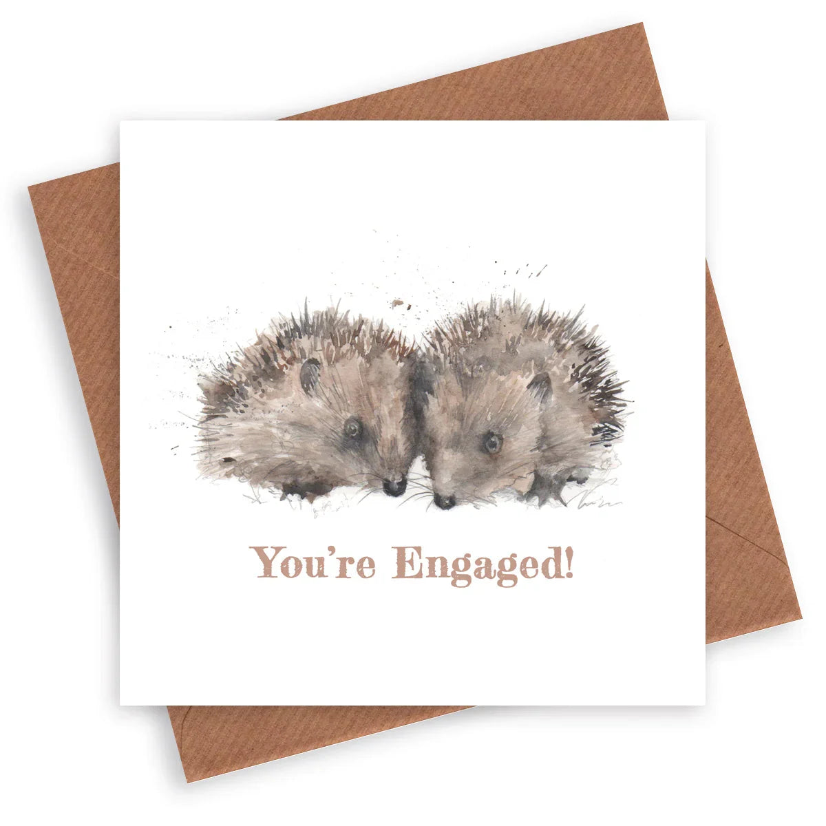 Engagement card with two illustrated hedgehogs and 'You're Engaged!' text on white background
