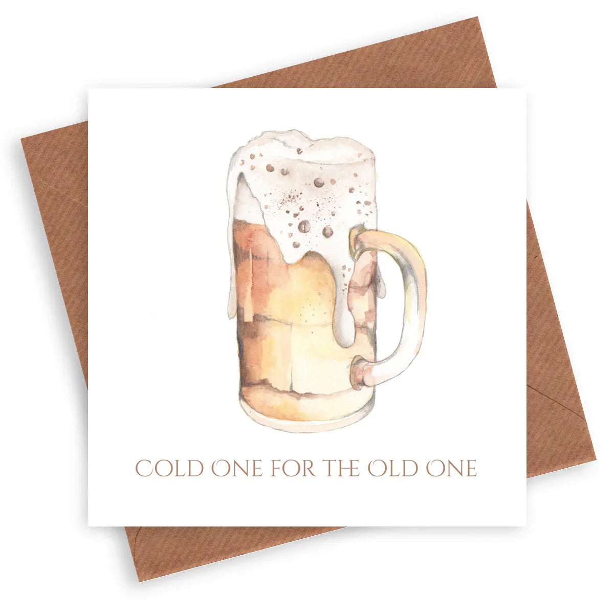 Greeting card with watercolor pint of beer and text 'Cold one for the old one' on white background.