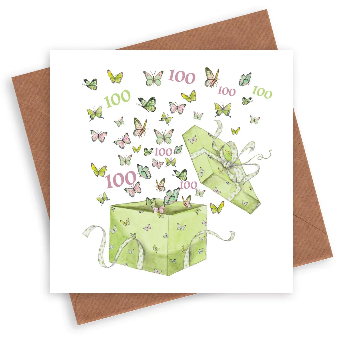 100th Birthday Card - Luxury Butterfly Watercolour Greeting With Kraft Envelope