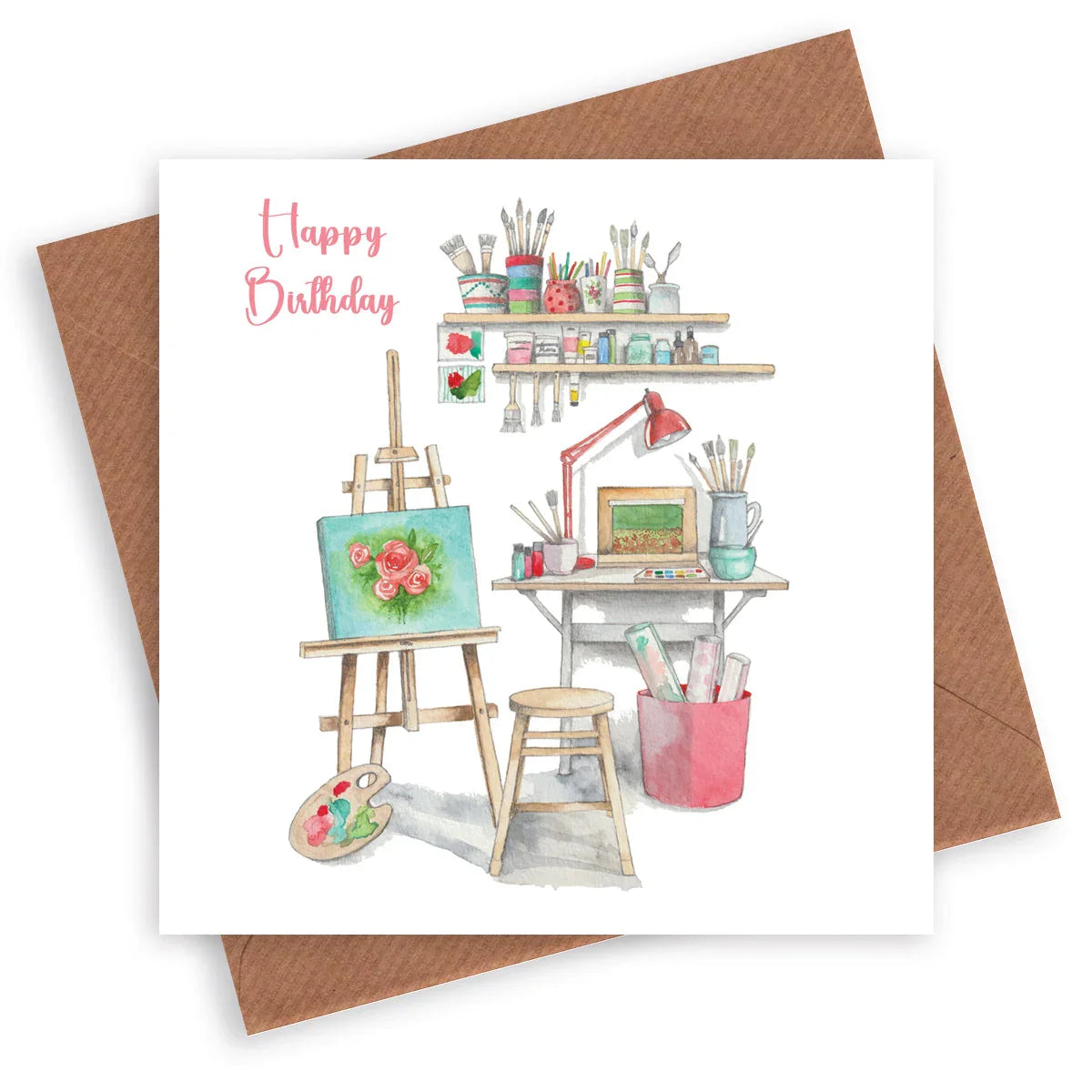 Watercolor birthday card featuring an artist studio with easel, flowers painting, and art supplies