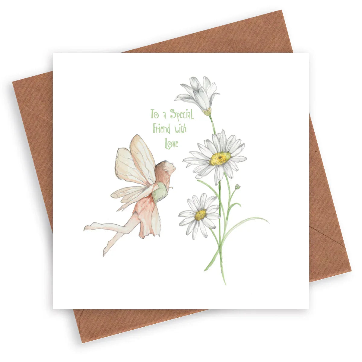 Greeting card with watercolor fairy, daisies, and text 'To a Special Friend with Love'