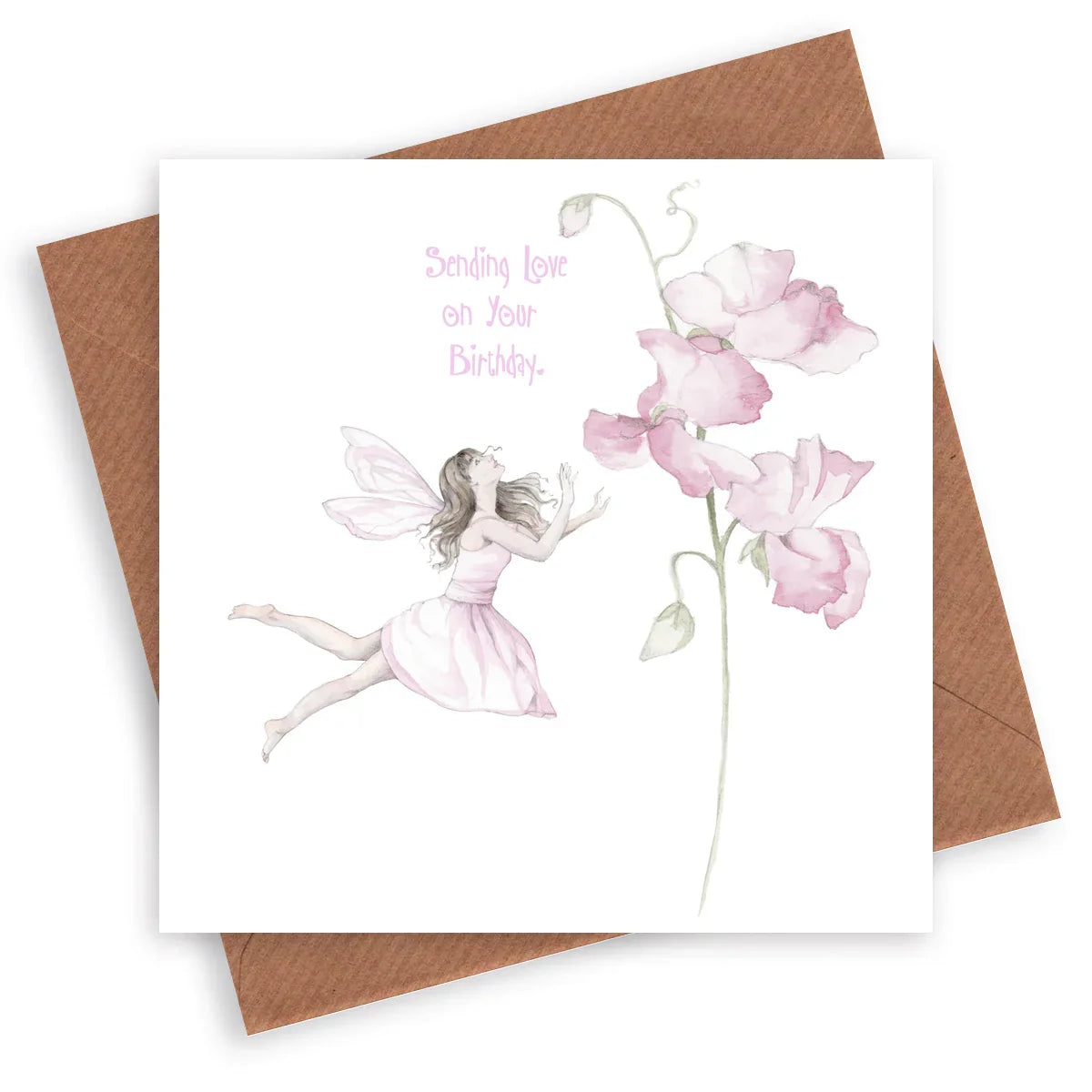 Birthday card with watercolor fairy, pink flowers, and 'Sending love on your Birthday' text.