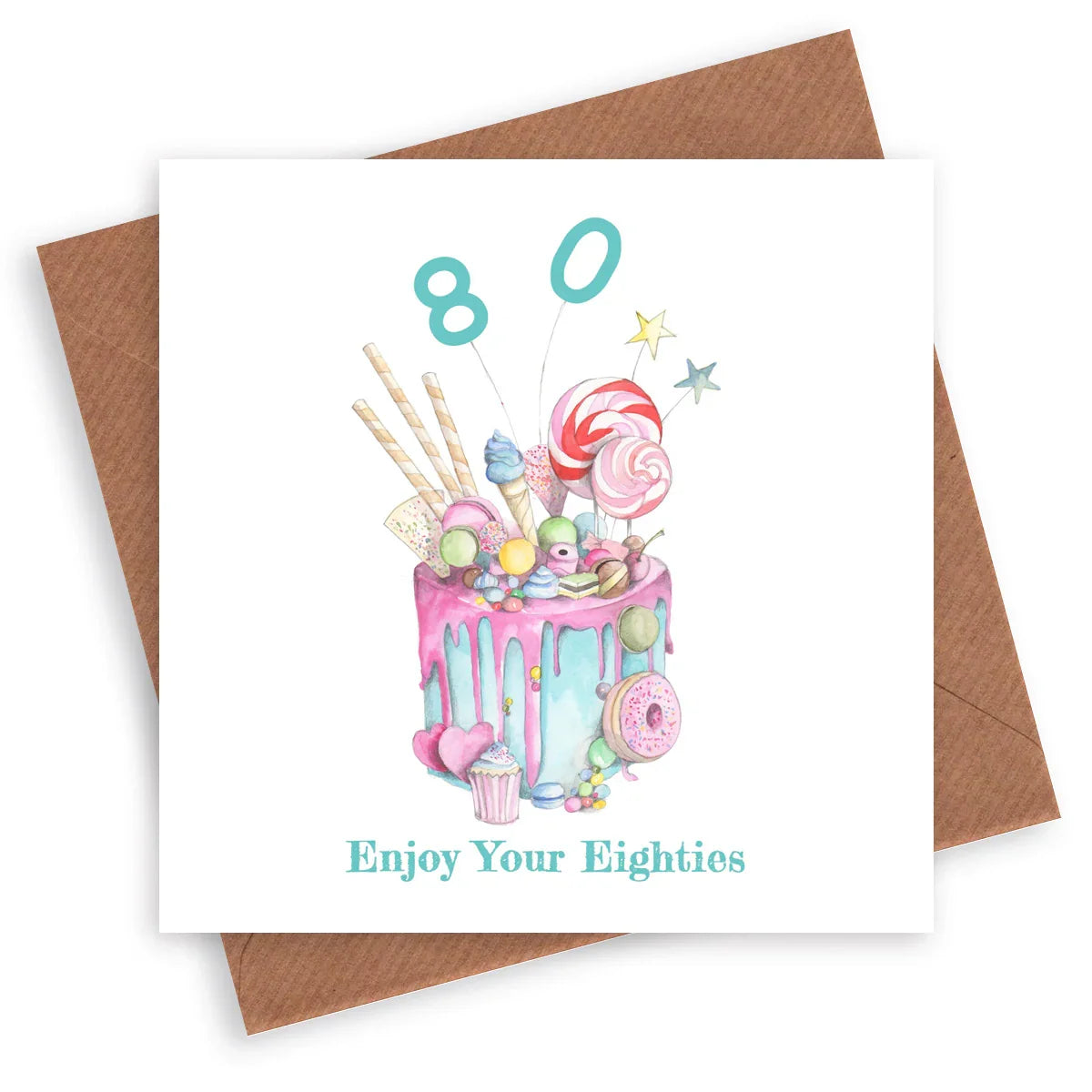 80th birthday card with colorful cake, candies, and text 'Enjoy Your Eighties' on white background.