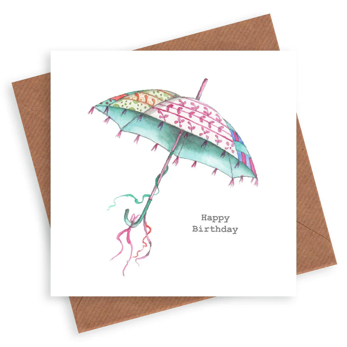 Handcrafted birthday card with colorful umbrella illustration and brown envelope