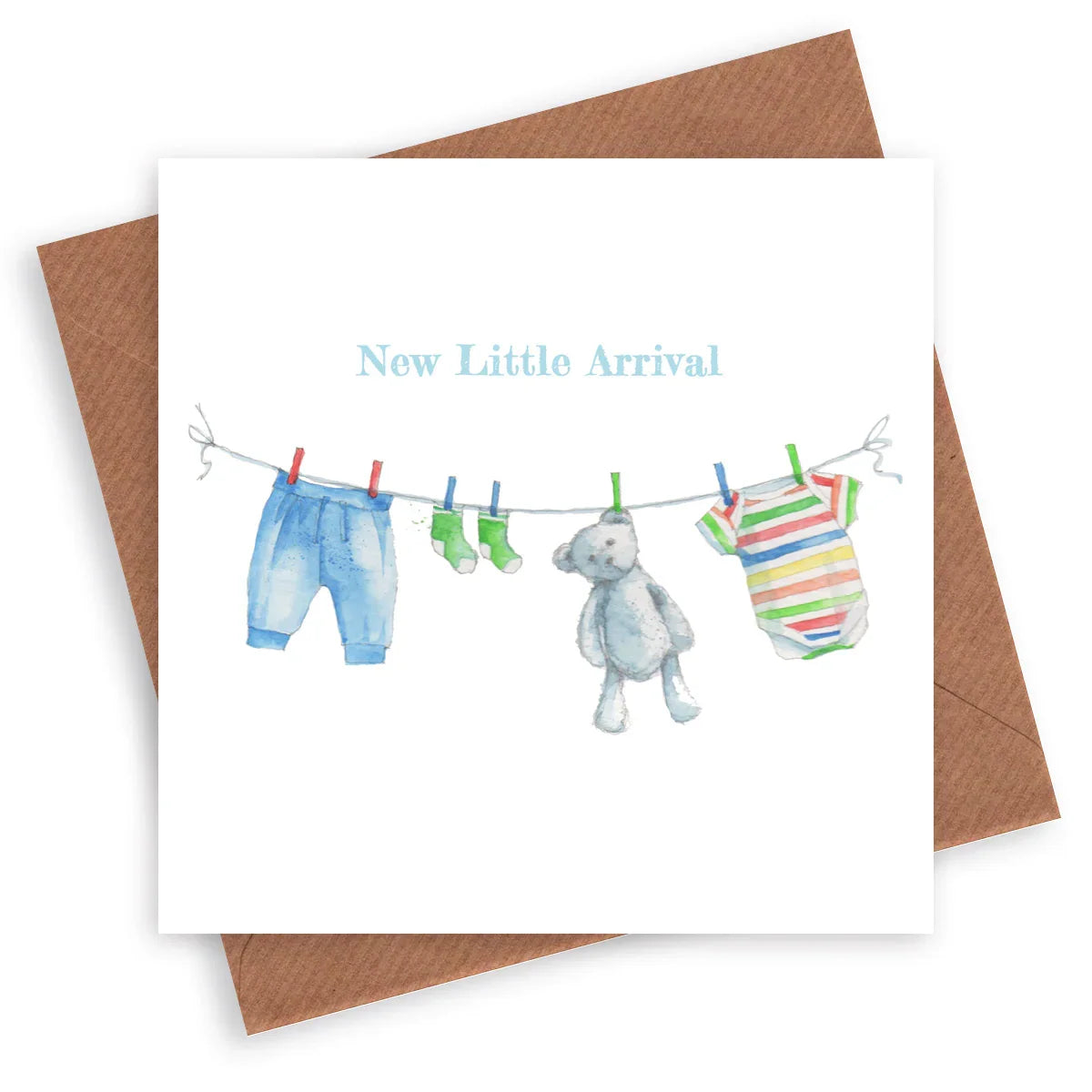 New baby card with watercolor baby clothes, teddy bear, and 'New Little Arrival' text