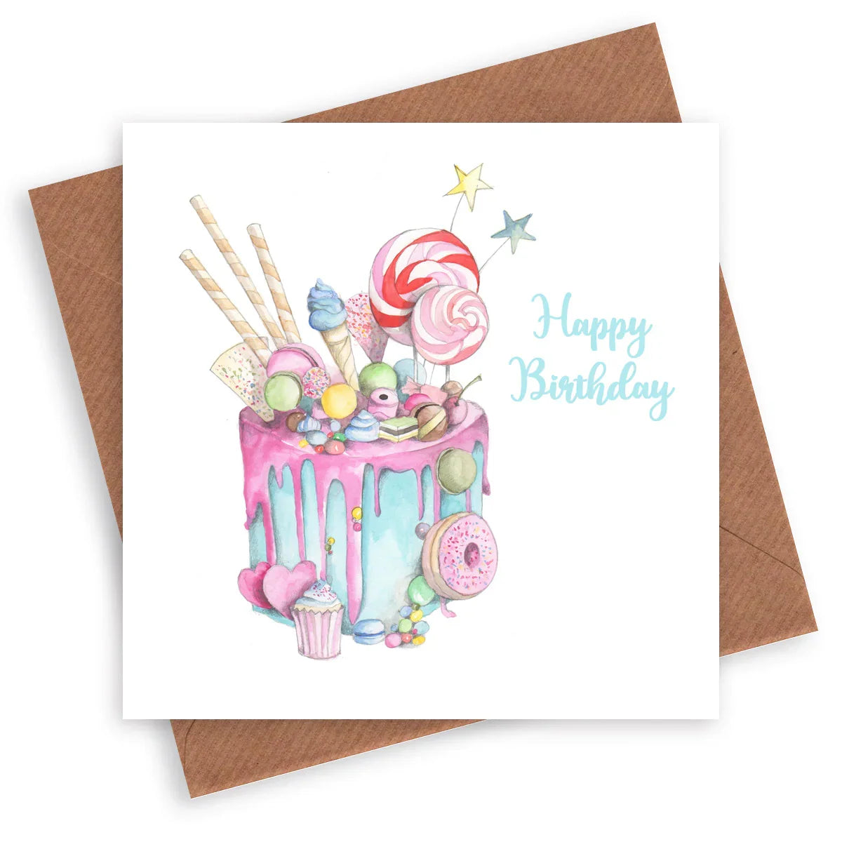 Birthday card with colorful cake illustration topped with sweets and 'Happy Birthday' text