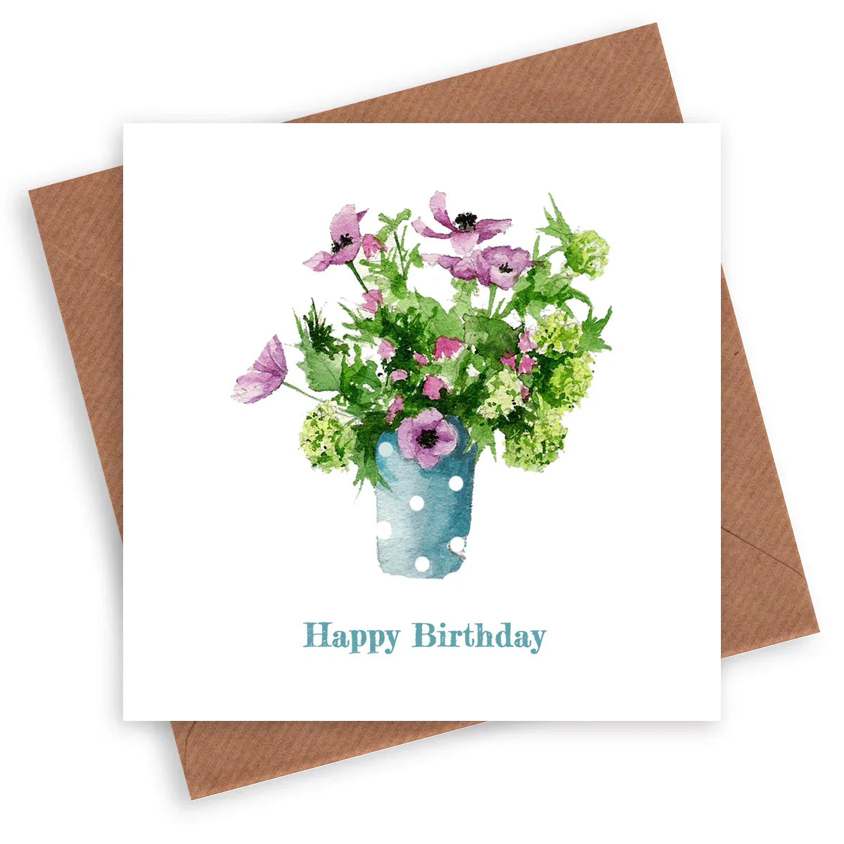 Handcrafted birthday card with watercolor flowers in a blue polka dot vase