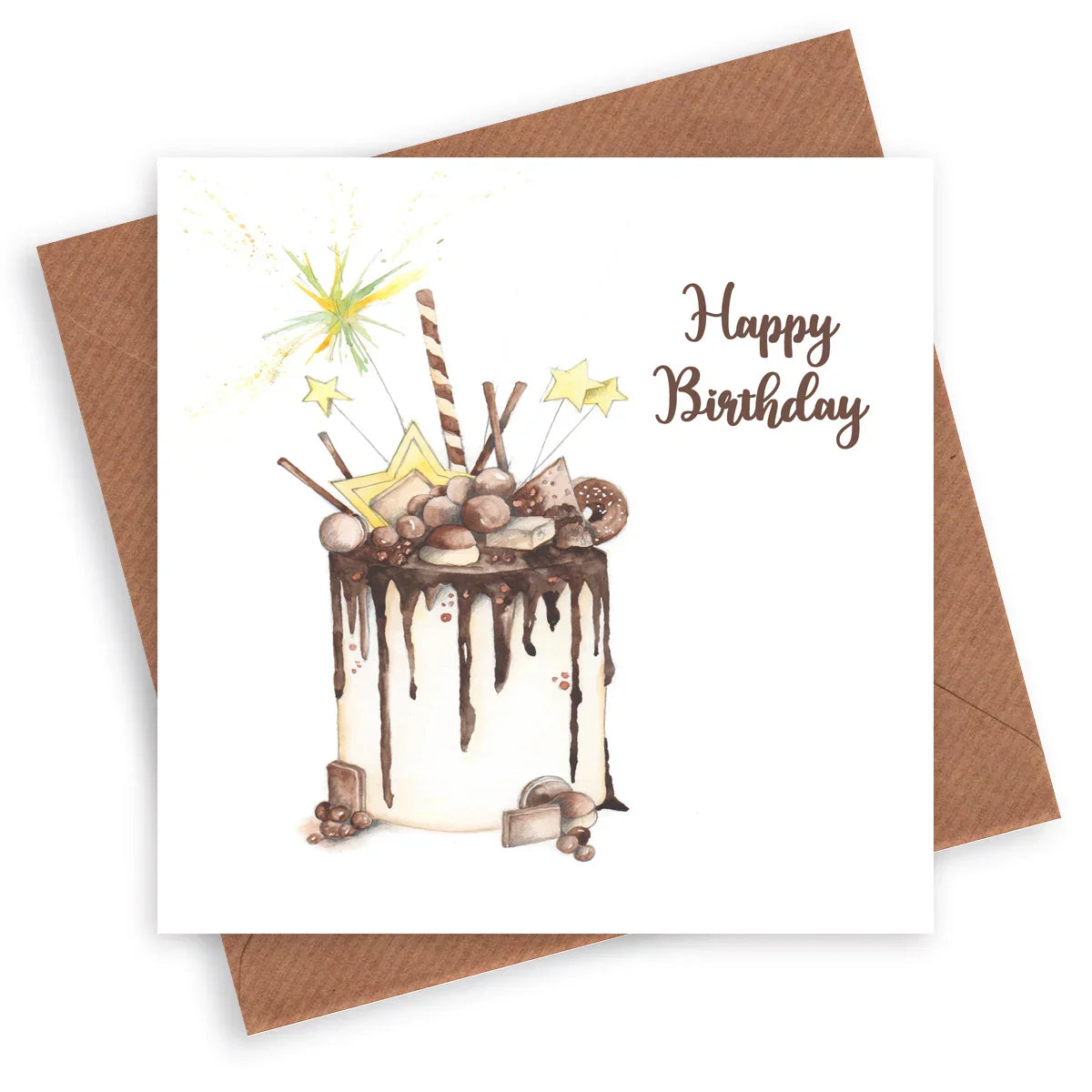 Birthday card with watercolor chocolate drip cake, star decorations, and brown envelope