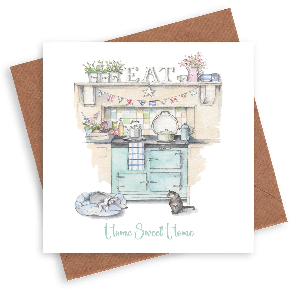 Watercolor greeting card with cozy kitchen, sleeping dog, cat, and 'Home Sweet Home' text.