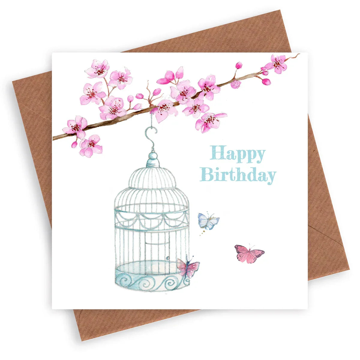 Happy Birthday card with pink cherry blossoms, butterflies, and a decorative birdcage illustration