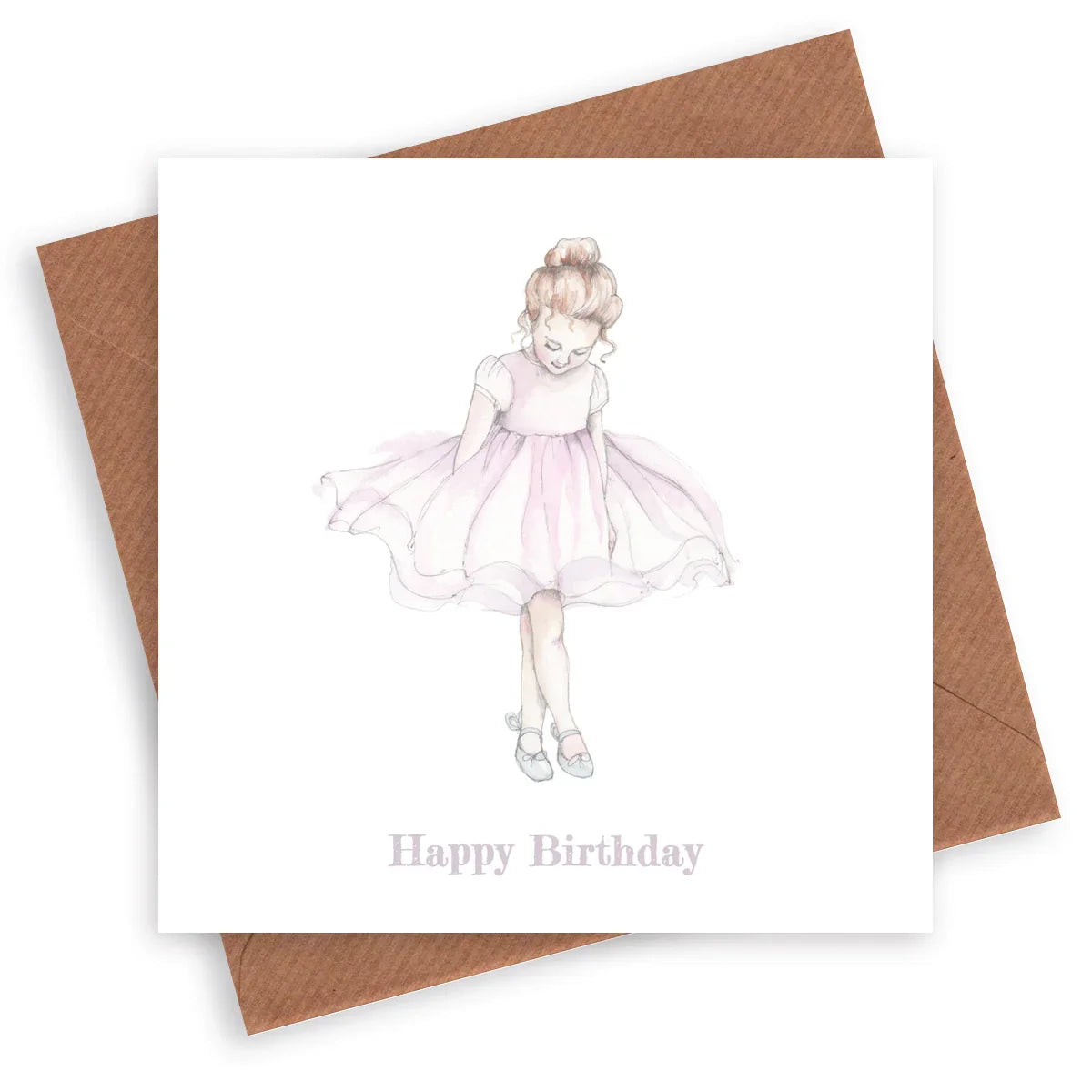 Handcrafted birthday card with watercolor illustration of a girl in a pink dress and envelope
