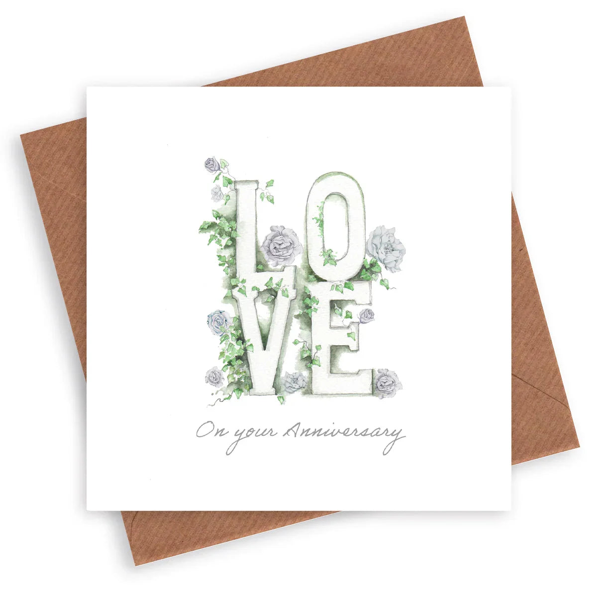 Anniversary card with 'LOVE' letters, floral design, and brown kraft envelope