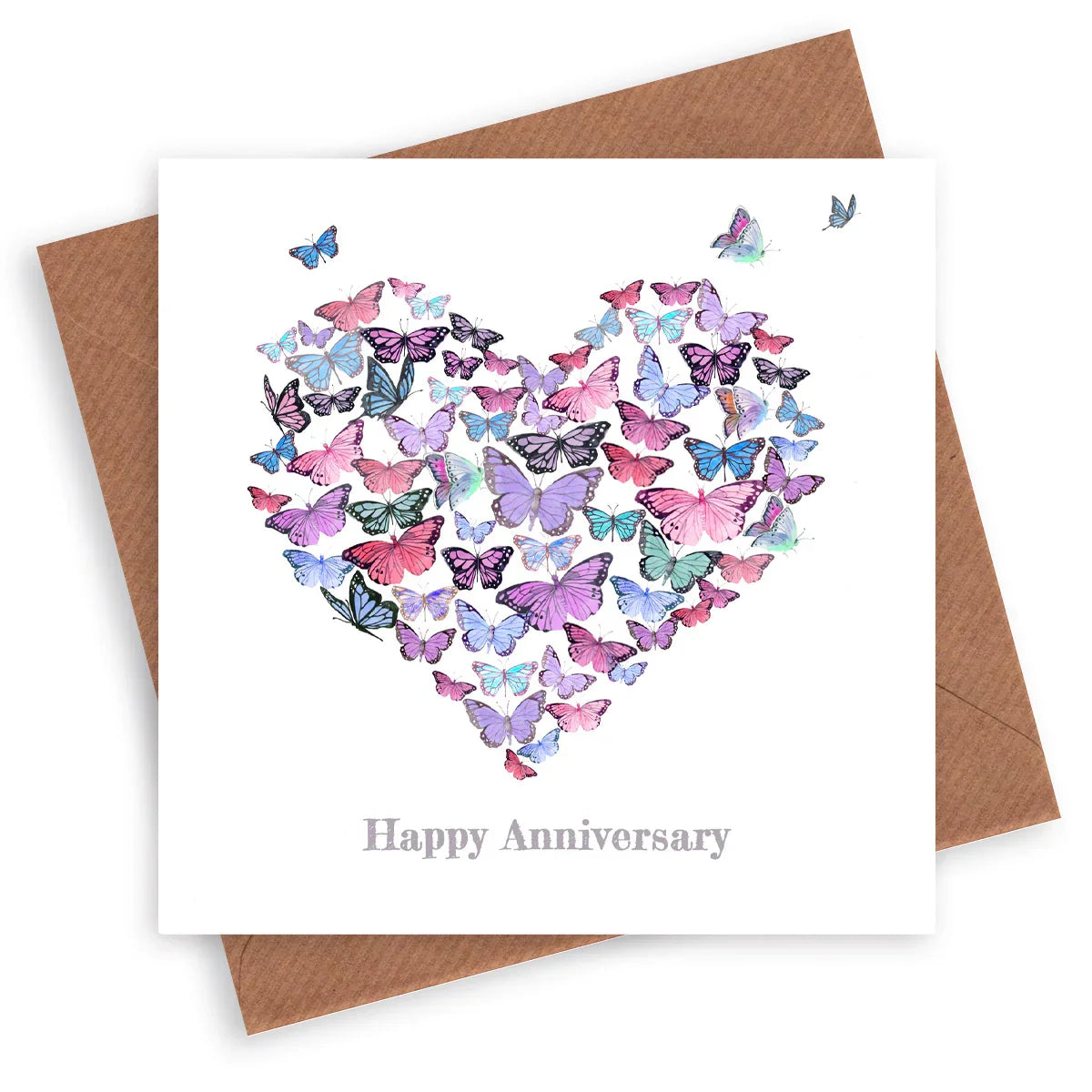 Happy Anniversary card with pastel butterflies forming a heart shape on a white background
