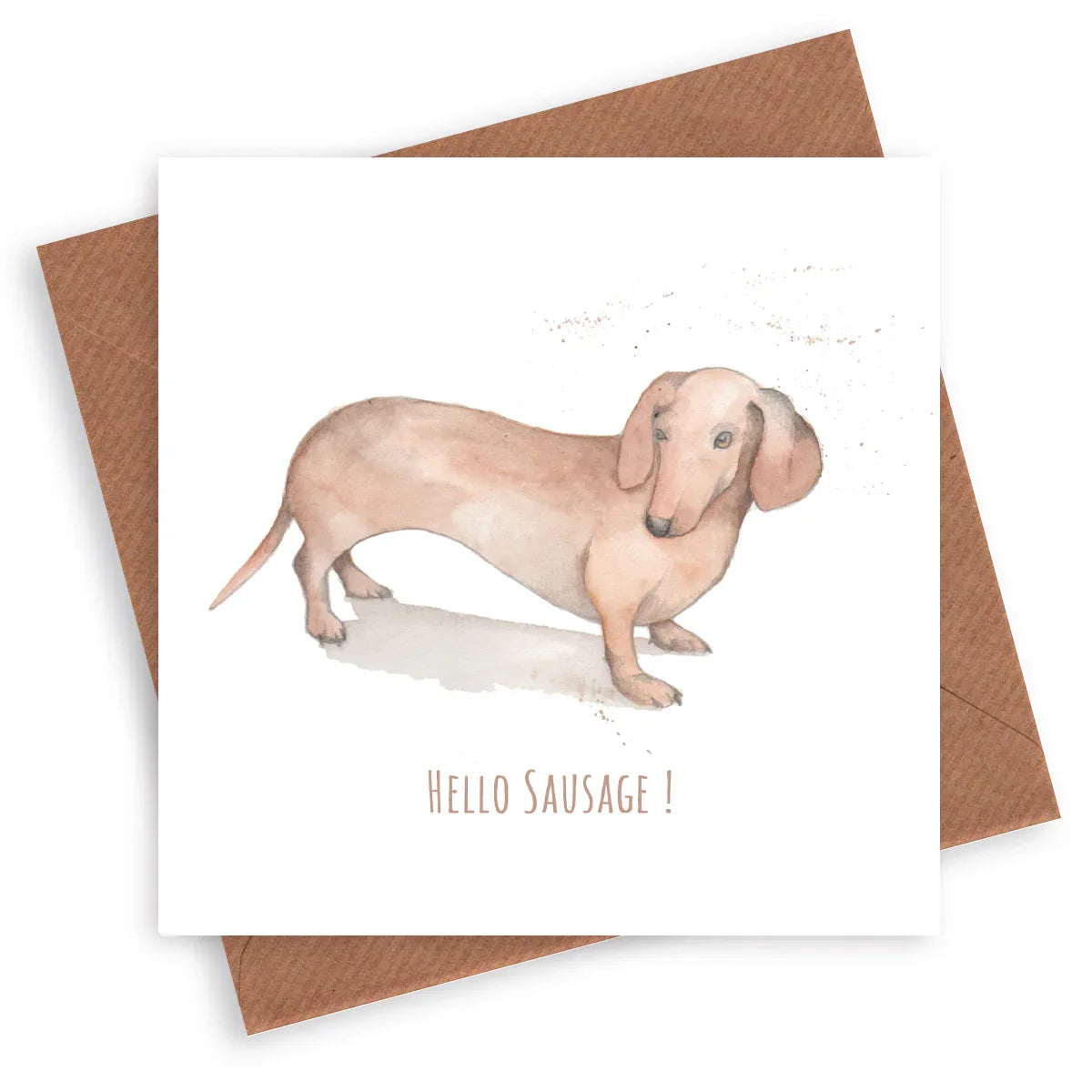 Greeting card with watercolor dachshund and 'Hello Sausage!' text on white background