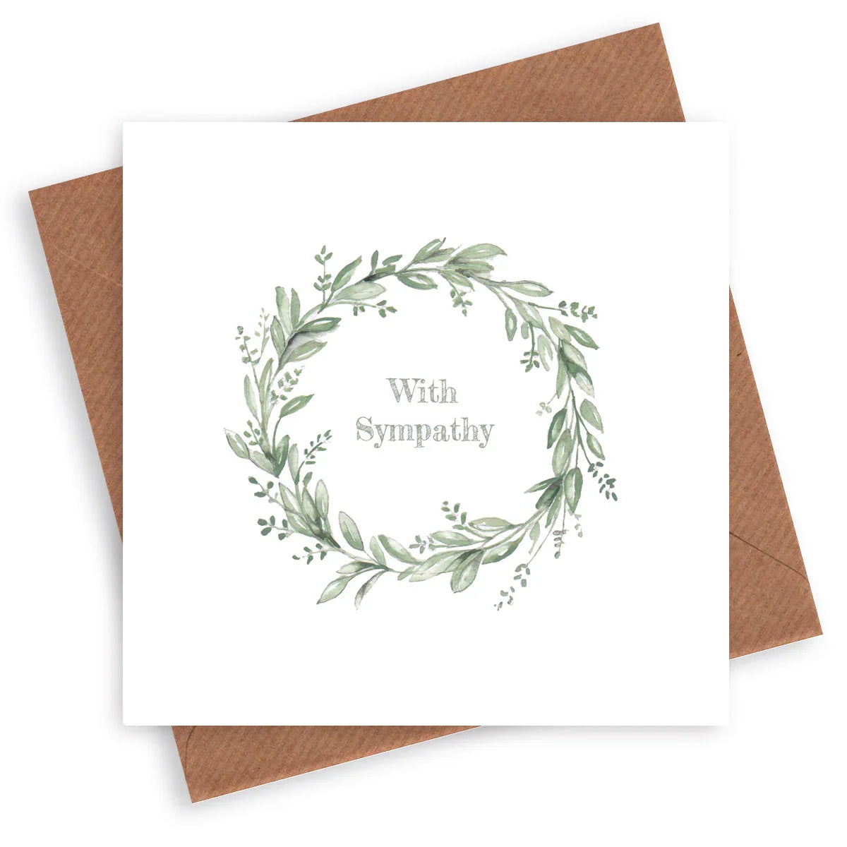 With Sympathy card featuring a green botanical wreath on white with kraft envelope