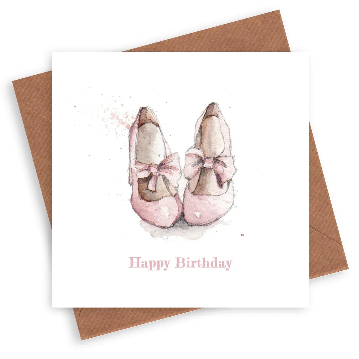 Watercolor birthday card with pink ballet shoes and bows, brown envelope included