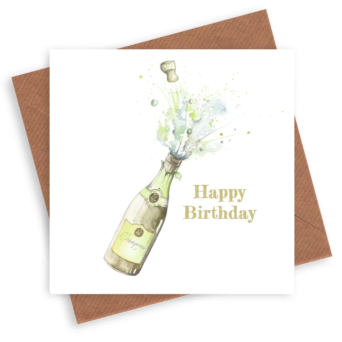 Birthday card with watercolor champagne bottle popping, brown envelope, Happy Birthday text