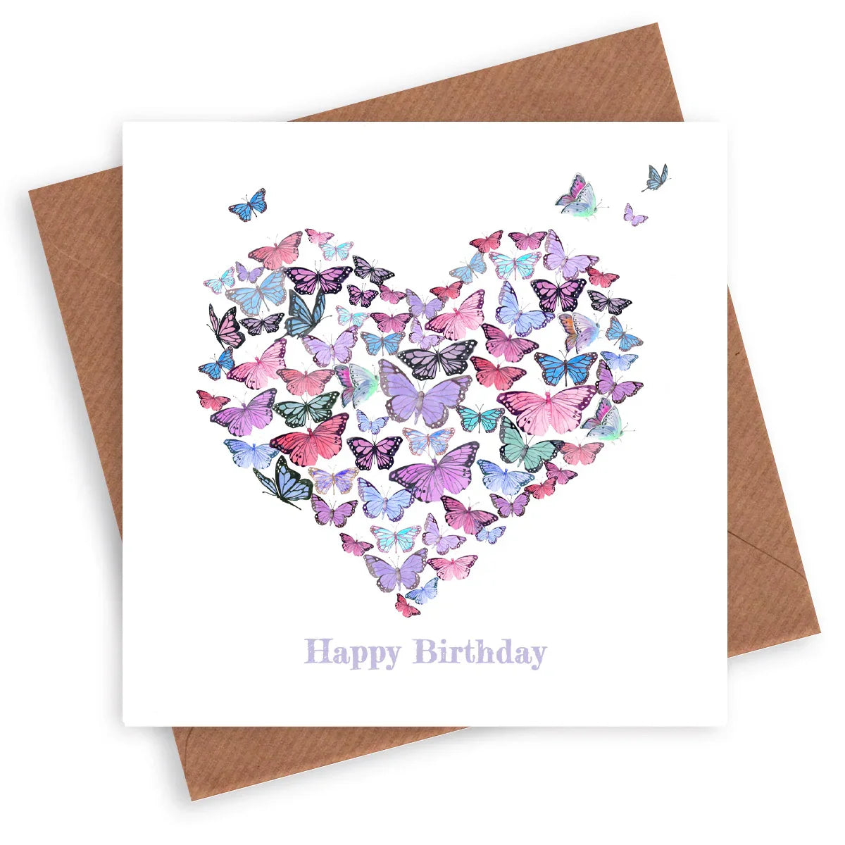 Birthday card with heart-shaped arrangement of pastel butterflies and 'Happy Birthday' text