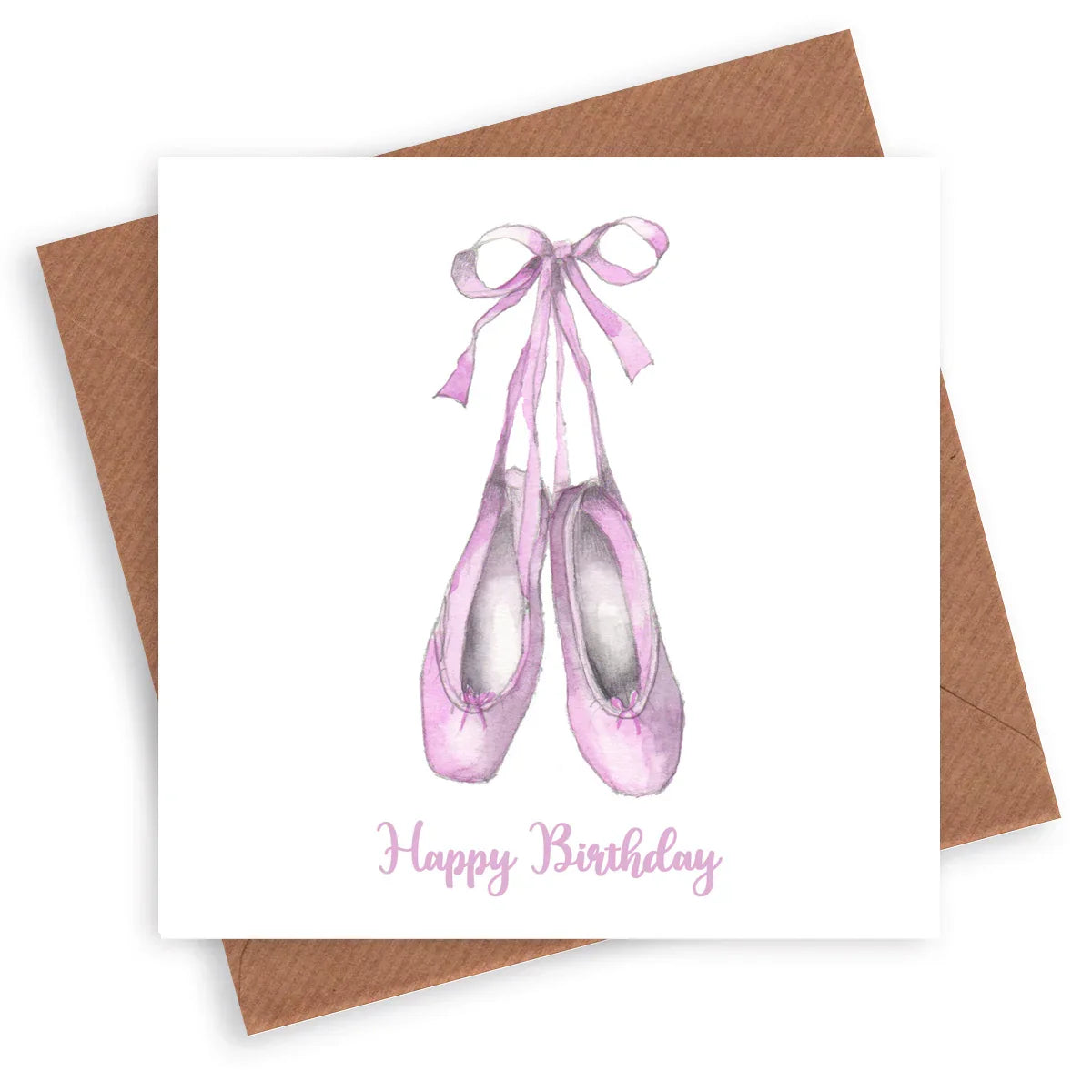 Birthday card with pink ballet shoes illustration and 'Happy Birthday' text on white background