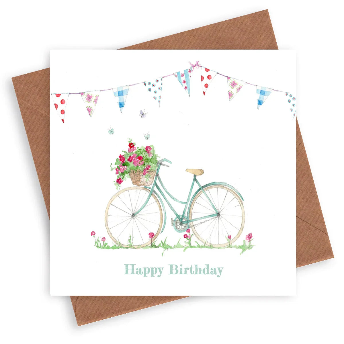 Handcrafted birthday card with bicycle, flower basket, bunting, and Happy Birthday text
