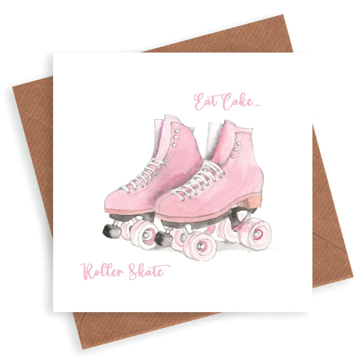 Greeting card with pink roller skates illustration and brown envelope