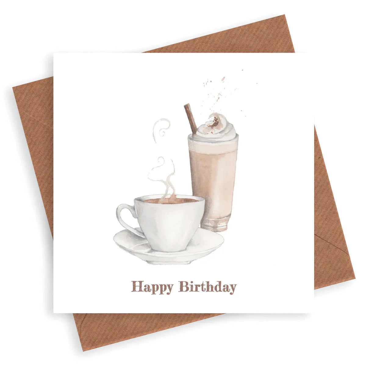 Birthday card with watercolor coffee cup and iced coffee illustration, brown envelope