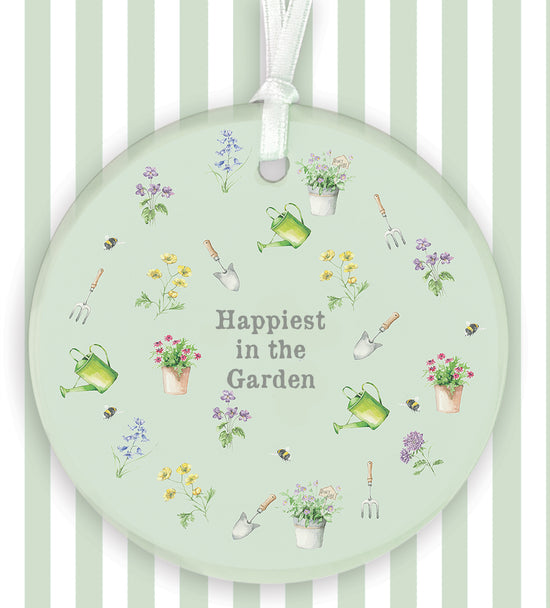Hanging Ceramic Decoration - Happiest in the Garden Decor Crumble and Core   
