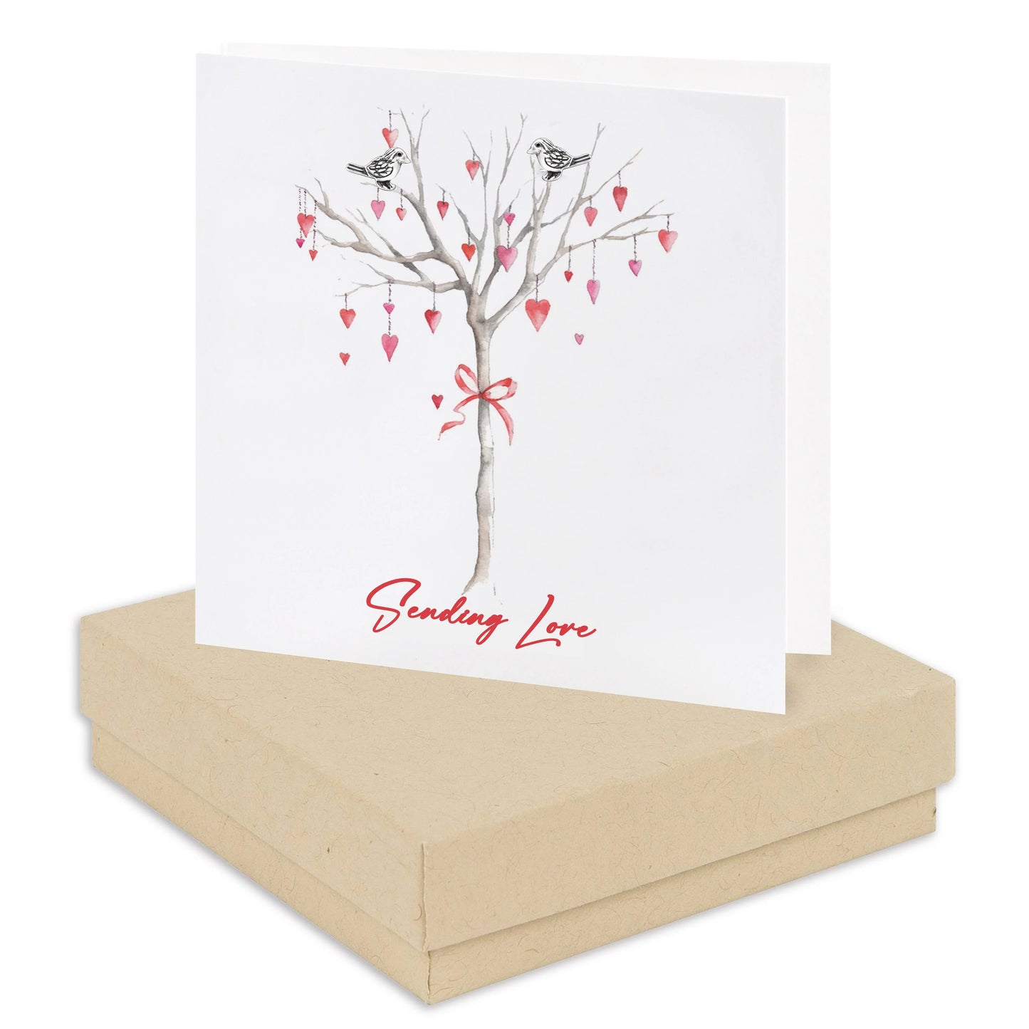 Greeting card with heart tree illustration, love message, and gift box