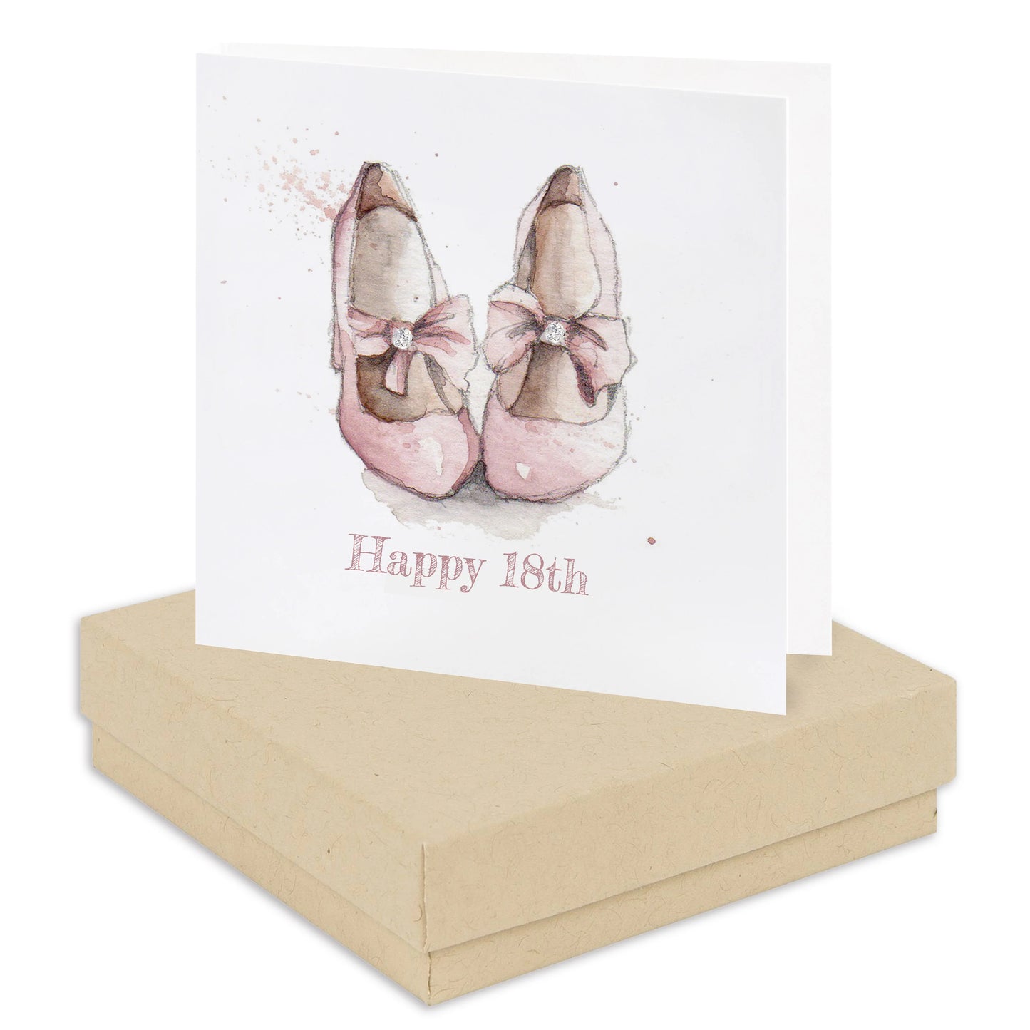 Happy 18th birthday card with pink shoes illustration on top of a kraft gift box