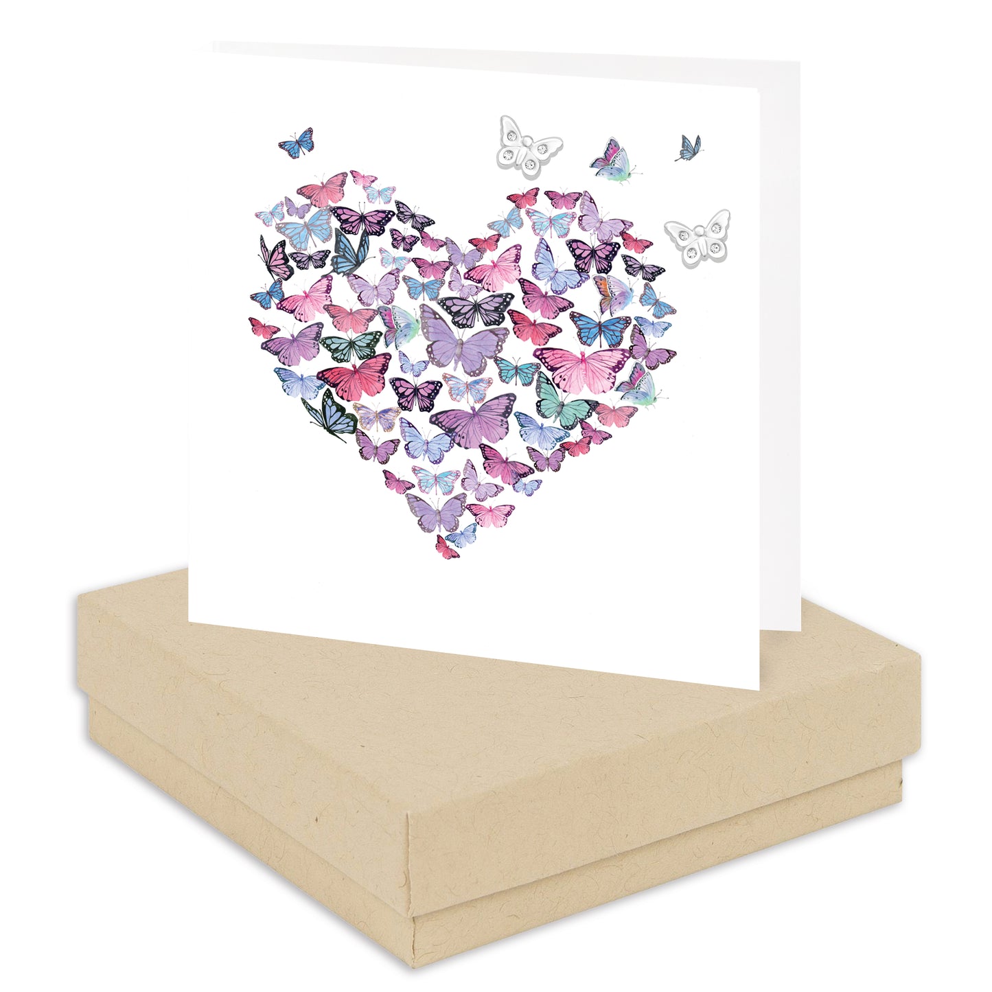 Biglietto con orecchino a cuore con farfalla in scatola
