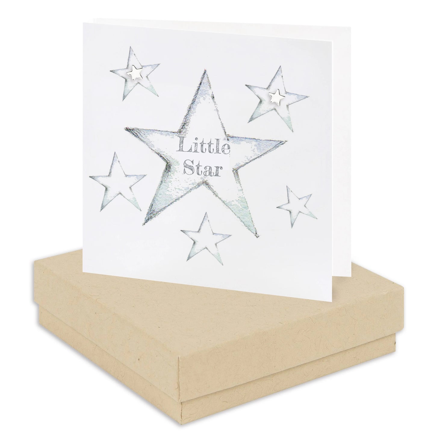 Little Star greeting card with silver stars on white, displayed on a kraft gift box