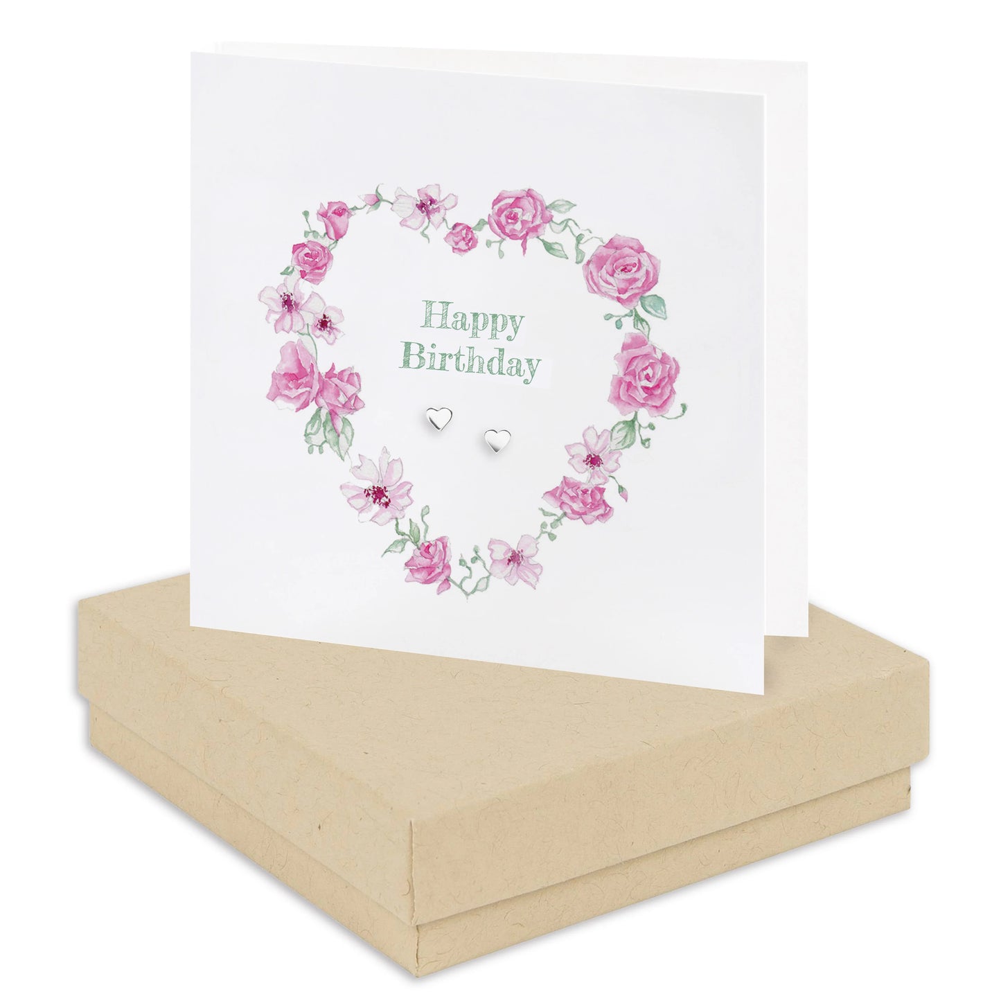 Happy Birthday card with pink floral heart design and two heart-shaped studs in a gift box