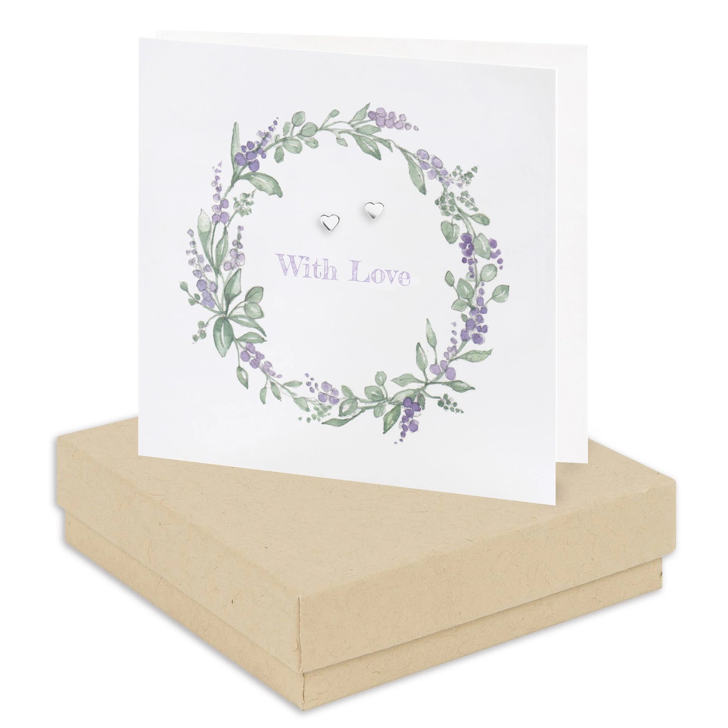 Lavender wreath greeting card with heart earrings and 'With Love' text on gift box