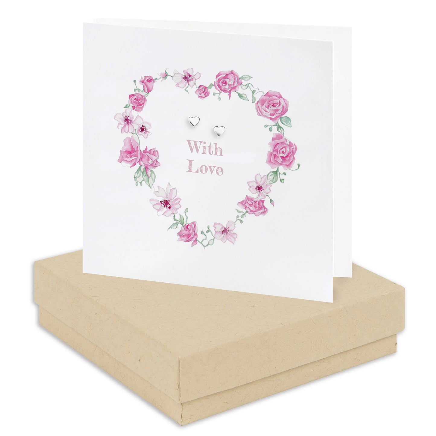 With Love greeting card with pink floral heart design and silver heart earrings, displayed on a kraft gift box.